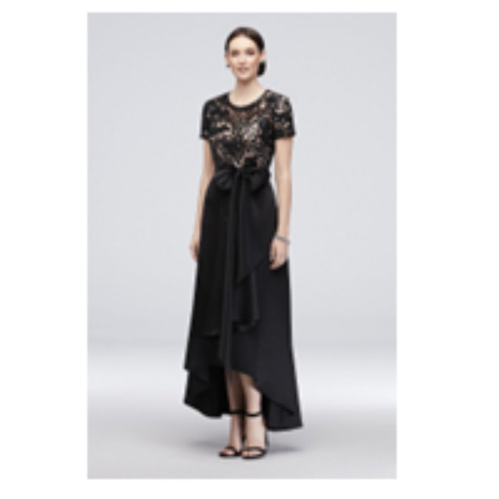 RM RICHARDS  Black Satin High Low A-line Dress with Sequins
